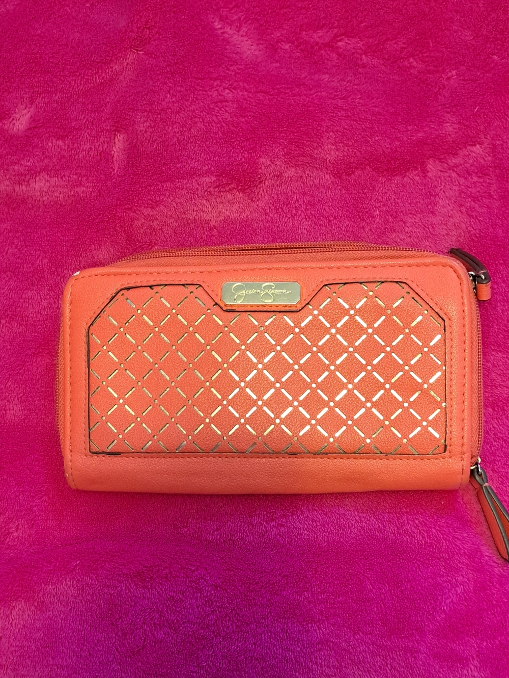 Jessica Simpson Coral Laser-Cut Zip Wallet with Gold Accents
